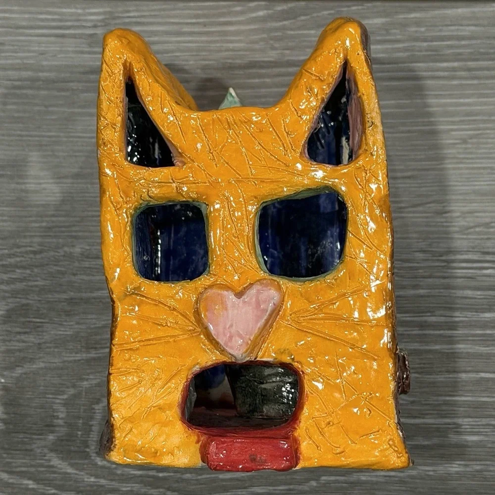 Handmade Ceramic Cat House Luminary Tealight Candle Holder‎ Orange Folk Art